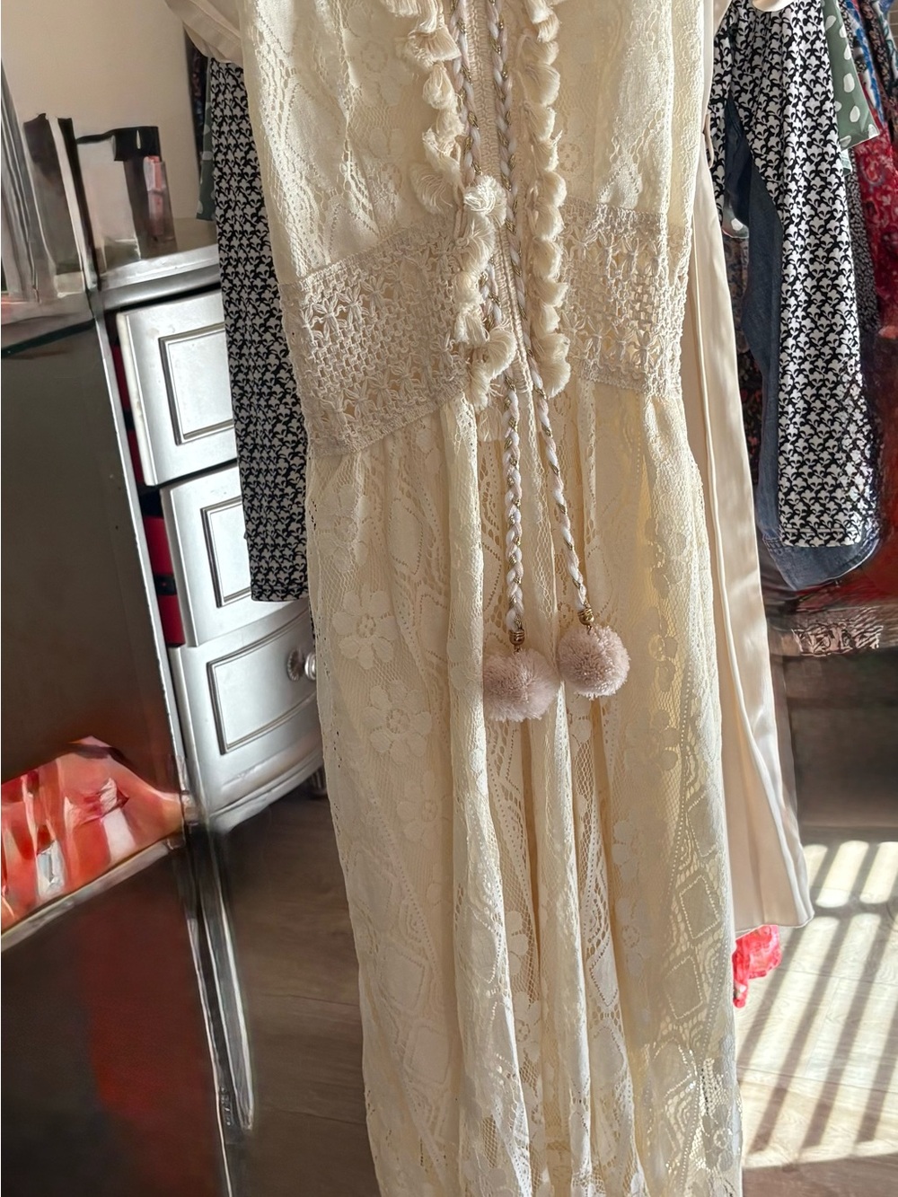 Women’s Cream Lace Maxi Slip Dress with Pom-Tie Detail